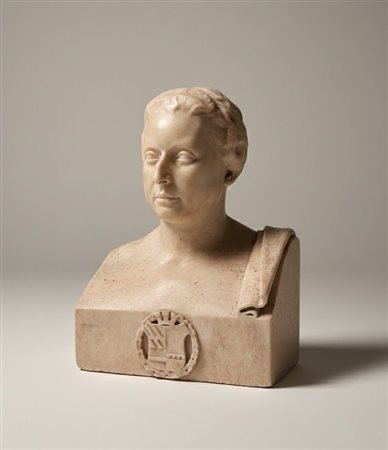 Busto di nobildonna in marmo bianco in stile Neoclassico con stemma araldico, XIX secolo CM 50