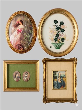Lotto di opere d'arte decorative incorniciate con ricami, stampe e miniature