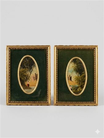 Coppia di dipinti paesaggistici in miniatura, olio su supporto rigido, fine XIX - inizio XX secolo