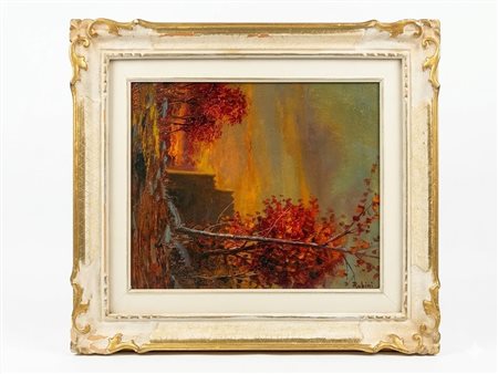 Paloni - Paesaggio autunnale al tramonto - Olio su tavoletta cm 32x21 circa