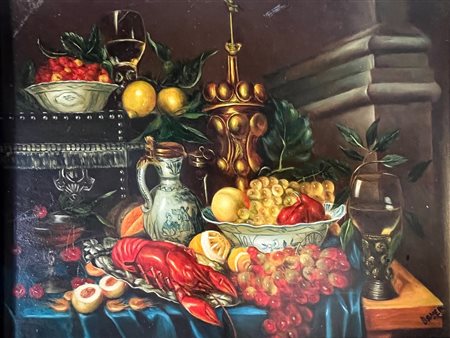Bayer, Natura morta con aragosta, brocca in ceramica e frutta in stile olandese del XVII secolo, olio su tavola cm 40x30