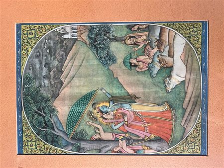Lotto di due opere comprendente una miniatura indiana di Krishna che solleva il monte Govardhan e un acquerello architettonico firmato Bartolini