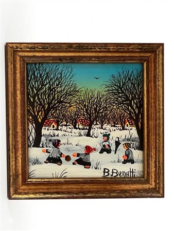 B. Benatti dipinto paesaggio invernale stile naif firmato 
