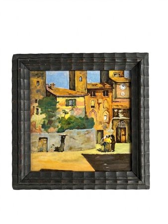 Dipinto incorniciato scena architettonica italiana con figure su una piastrella in terracotta invetriata cm 20x18 circa