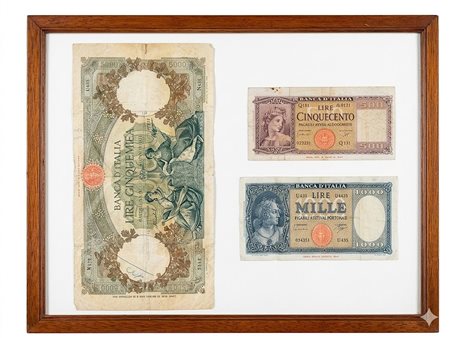 Tre banconote della Banca d'Italia da 5.000, 1.000 e 500 Lire, emissioni 1947-1948, incorniciate