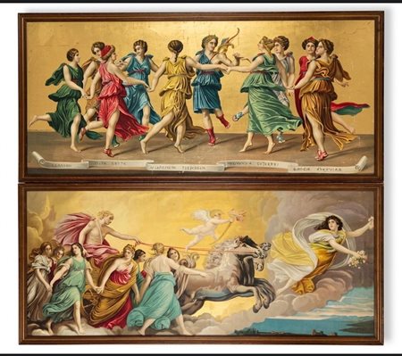 Dopo Guido Reni (italiano, 1575-1642) e Baldassare Peruzzi (italiano, 1481-1536), 'L'Aurora' e 'Apollo con le nove Muse' cm 150x60