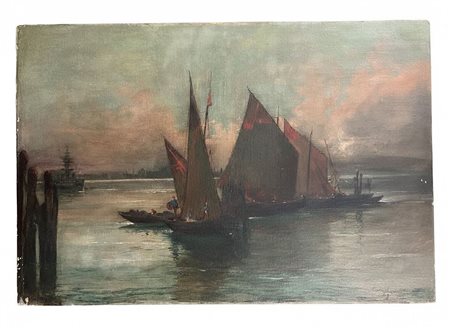 Cinelli - Paesaggio Marino con Velieri al Tramonto – Olio su Tela, Firmato e Datato (1947)