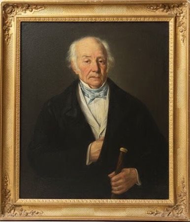 Dipinto a olio su tela raffigurante ritratto ritratto di dignitario con onorificenza e bastone da passeggio cm 76x64