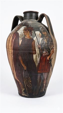 Imponente Anfora Biansata in Terracotta Policroma – Decorazione a Scena Storico-Mitologica – XX Secolo