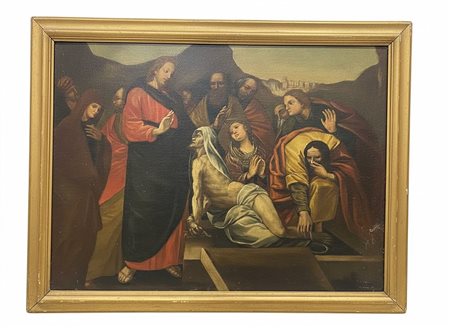 Antico Dipinto a olio su tela di impostazione accademica, raffigurante l'episodio biblico della Resurrezione di Lazzaro cm90x70 cornice 102x82
