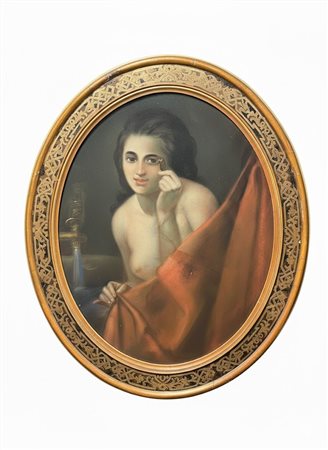 Dipinto olio su tela ovale raffigurante Fanciulla alla toilette con bella cornice coeva 60x75 cornice 77x90