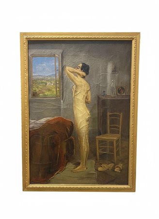 Dipinto a olio su tela rappresentante nudo femminile in interno con veduta su paesaggio collinare