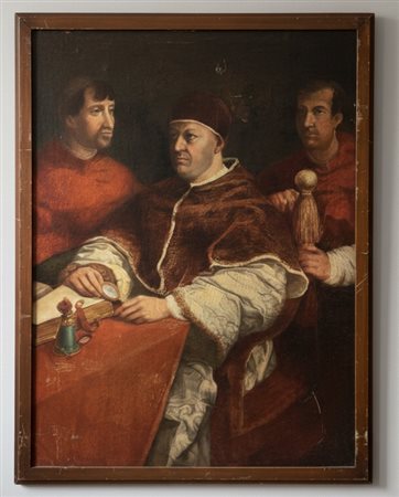 Dipinto a olio su tela raffigurante "Il Ritratto di Papa Leone X con i cardinali Giulio de' Medici e Luigi de' Rossi" cm 117x87 cornice 125x93