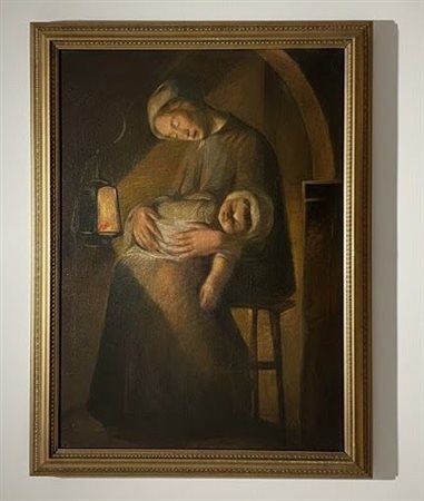 Dipinto Olio su tela raffigurante Maternità a lume di lanterna cm 130x90 cornice 137x106