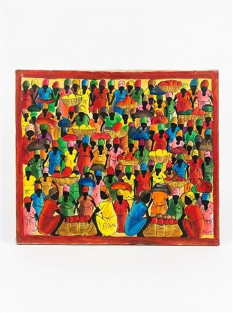  Bouta il Mercato Vivace" – Dipinto su Tela di Arte Naïf Haitiana – Firmato Bouta