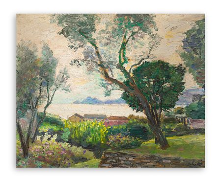 ALBERTO SALIETTI (1892-1961) - Paesaggio in riviera al tramonto, 1958