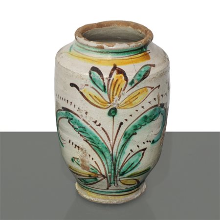 Cilindro in maiolica di Caltagirone, datata al retro, 1848