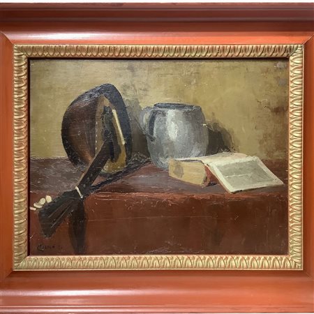 Giovanni Alicò (Catania 1906 - Milano 1971)  - Natura morta con mandolino, libro e brocca, 1931