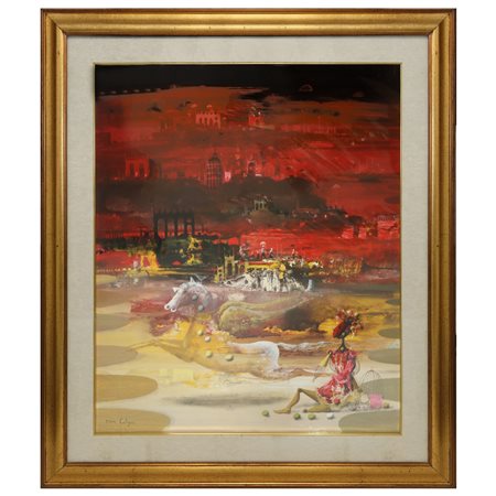 Jean Calogero (Catania 1922 - Acicastello 2001)  - Fantasia sui toni del rosso con cavallo alato in primo piano, 20° secolo