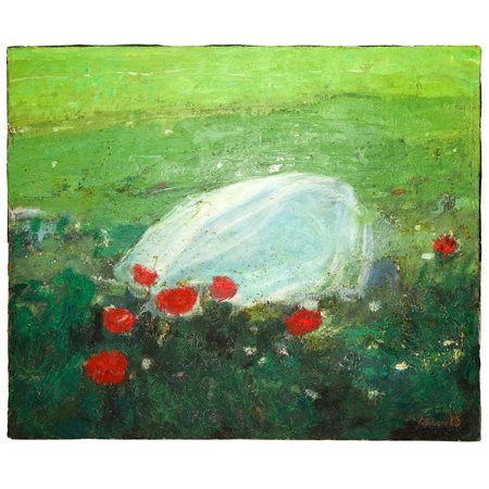 Giovanni La Cognata (Comiso 27/07/1954)  - Campo con lago e papaveri