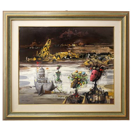 Jean Calogero (Catania 1922 - Acicastello 2001)  - Scena surrealista con due figure in primo piano e pesci, 20° secolo