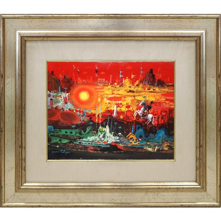 Jean Calogero (Catania 1922 - Acicastello 2001)  - Capriccio rosso con sole e cavaliere, 20° secolo