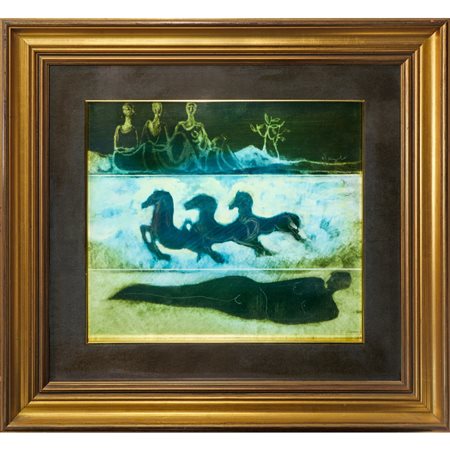 Cesare D'Angelo (Catania 1940 - 2006)  - Fantasia tripartita con dame, cavalli e figura distesa, 1986