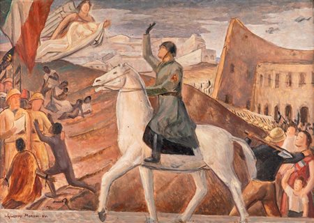 Giuseppe Moroni (Cremona 1888 - Roma 1959) Il Duce a cavallo in Etiopia Olio...