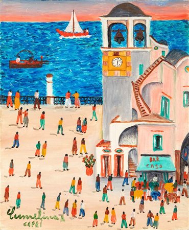 Carmelina Di Capri (Capri 1920 - Napoli 2004) La piazzetta di Capri Olio su...
