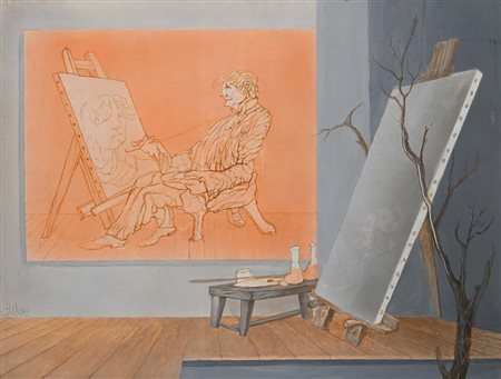 Fabrizio Clerici (Milano 1913 - Roma 1993) L'albero nello studio Tempera su...