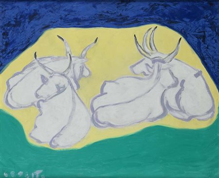 Giuseppe Cesetti (Tuscania 1902 - Tuscania 1990) I buoi Olio su tela cm 50x60...