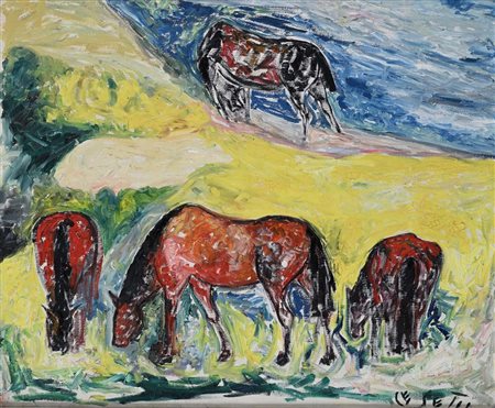 Giuseppe Cesetti (Tuscania 1902 - Tuscania 1990) Cavalli Olio su tela cm...