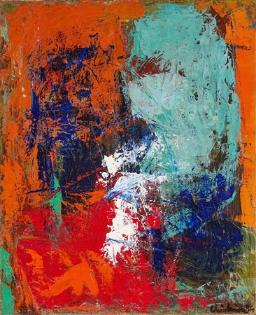 Alfredo Chighine (Milano, 1914 - Pisa, 1974) Figura celeste su fondo rosso,...