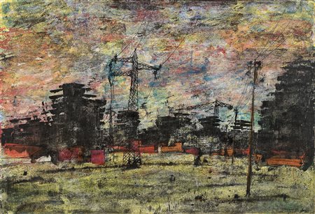 Renzo Vespignani (Roma, 1924 - 2001) Periferia, 1963 Olio su tela, cm 70x100...