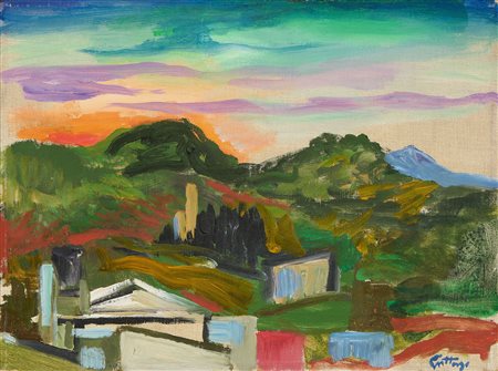 Renato Guttuso (Bagheria (Pa), 1912 - Roma, 1987) Avigno con la torre e il...