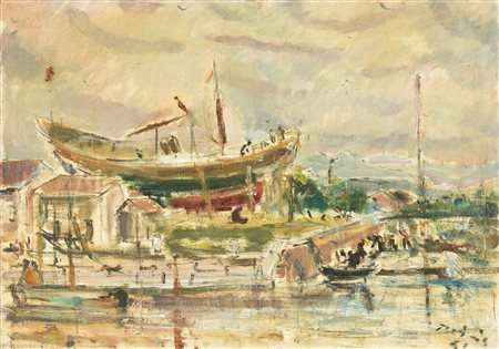 Filippo de Pisis (Ferrara, 1896 - Milano, 1956) Porto Canale, 1941 Olio su...