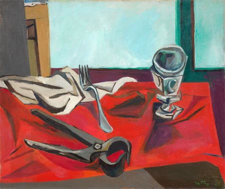 Renato Guttuso (Bagheria (Pa), 1912 - Roma, 1987) Forchetta, bicchiere e...