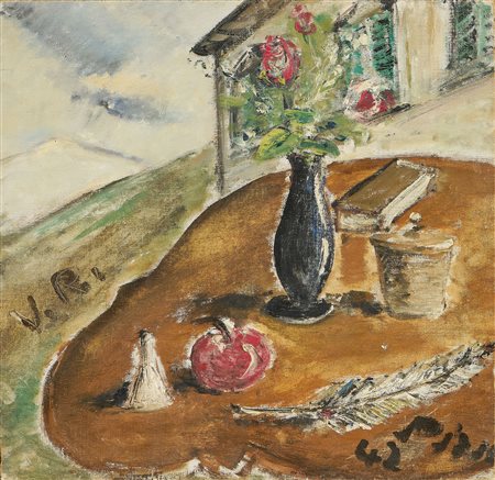 Filippo de Pisis (Ferrara, 1896 - Milano, 1956) Natura morta su paesaggio,...