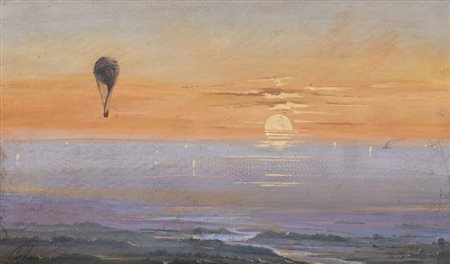 Ippolito Caffi (Belluno 1809 - Lissa 1866) Volo sul pallone gouache su...