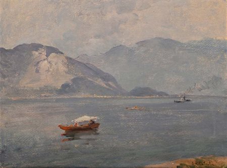Leopoldo Galeota (Napoli 1868 - Quinto al Mare 1938) Barche in un lago olio...