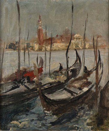 Guido Tallone (Bergamo 1894 - 1967) Gondole a Venezia olio su legno cm 61 x...