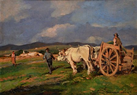 Carlo Domenici (Livorno 1897 - Portoferraio 1981) Il lavoro nei campi olio su...