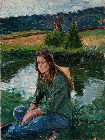 Paulo Ghiglia (Firenze 1905 - Roma 1979) Ragazza seduta lungo il fiume olio...