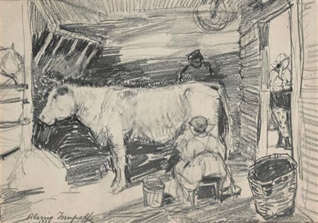 Alessio Issupoff (Vjatka 1889 - Roma 1957) La mungitura nella stalla...