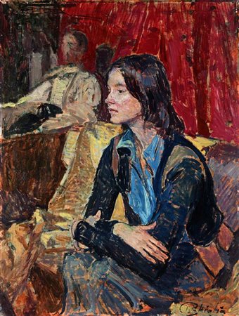 Paulo Ghiglia (Firenze 1905 - Roma 1979) Figure in un interno olio su tela,...