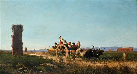 Achille Vertunni (Napoli 1826 - Roma 1897) Carro con contadini in marcia...