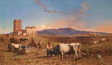 Carlo Coleman (Pontefract 1807 - Roma 1874) Lavoro nella campagna romana Olio...