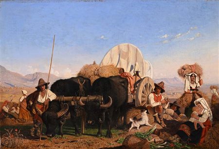 Carlo Coleman (Pontefract 1807 - Roma 1874) Sosta di contadini con carro di...