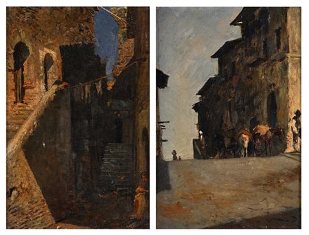 Attilio Simonetti (Roma 1843 - Roma 1925) Due vedute di paesi laziali oli su...