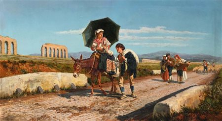 Pietro Gabrini (Roma 1856 - Roma 1926) Contadini e pastori lungo la via nella...